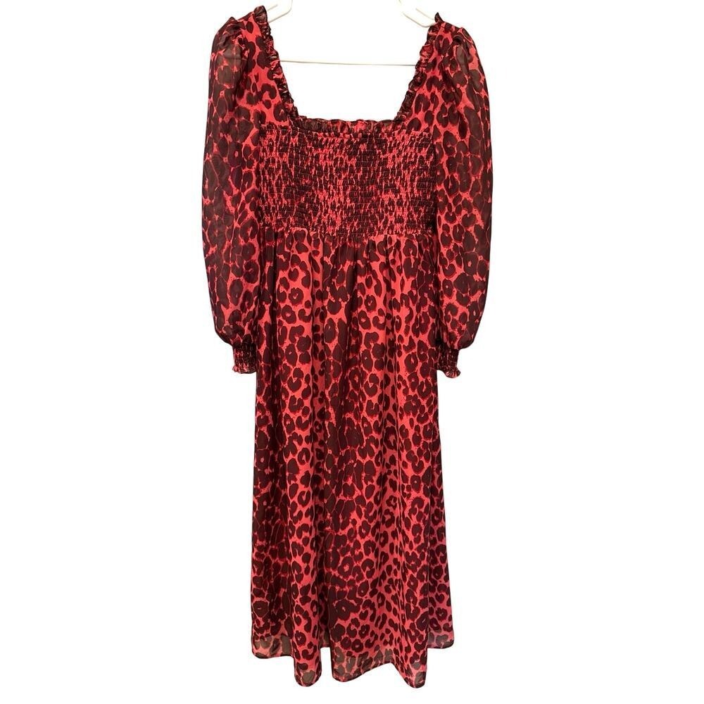 Betsey Johnson Vintage Leopard Print Midi Dress Puff Sleeve Boho Retro Medium